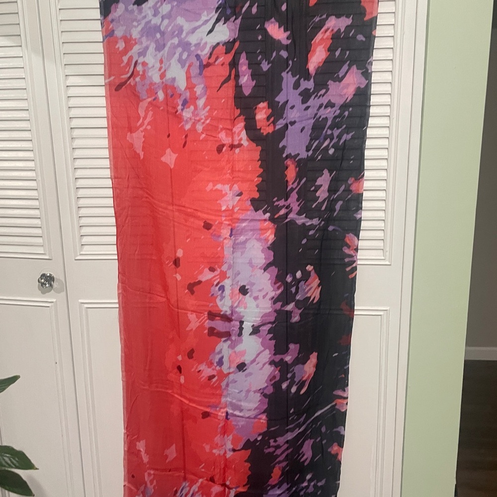 Lightweight Abstract Print Scarf in Red, Purple, and Black